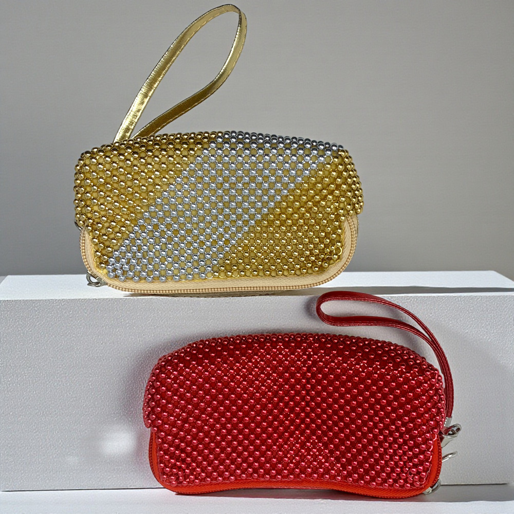 Lot 2 Vintage Y2K Red & Gold Beaded Cosmetic Makeup Bags Clutches Pouches Zip